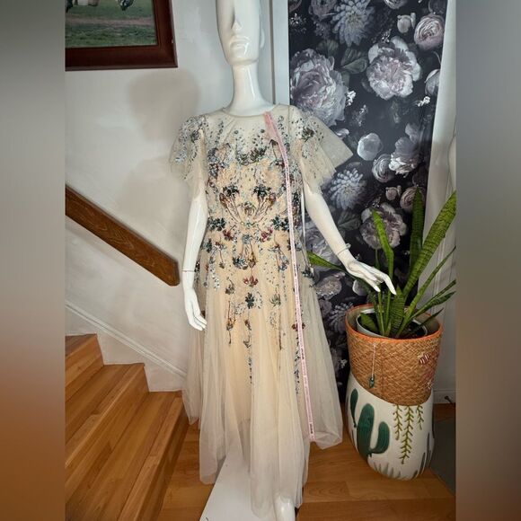 MAC DUGGAL Nude Flutter Sleeve High Neck Embellished Floral Dress / size 14 - Picture 4 of 7